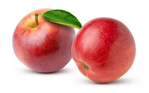 Closeup two fresh red apples fruit with green leaf isolated on white background. ; Shutterstock ID 1935640816; purchase_order: -; job: -; client: -; other: -