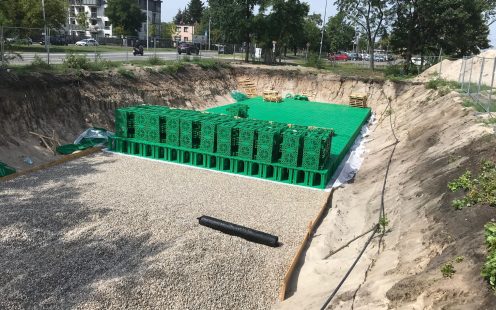 Hundreds of Pipelife Stormbox II infiltration crates are used to construct an underground tank | Pipelife