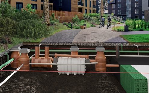 Modern architecture of residential building quarter. And outdoor facilities.