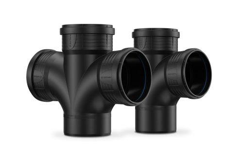 A product photo showing two black Master3Plus acoustic soil & waste system swept tee fittings on a white background | Pipelife